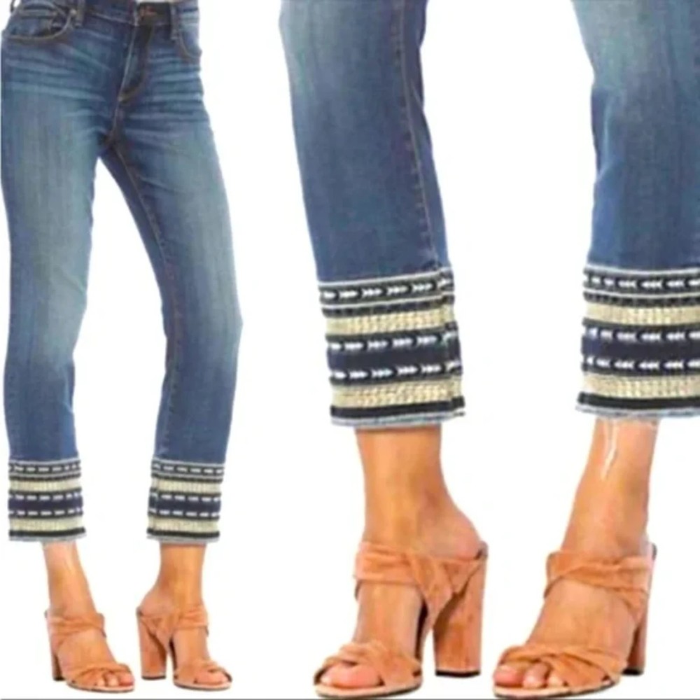 DRIFTWOOD Colette High Rise Straight Leg Cropped Embroidered Jeans, Size 28